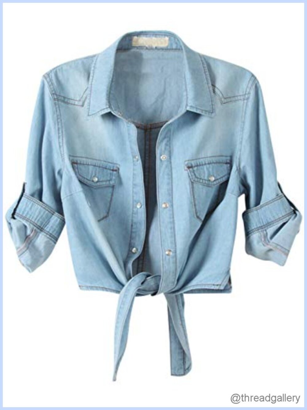 Women's Denim Shirt Roll Up 3/4 Sleeve Tie Front Knot Chambray Crop Top